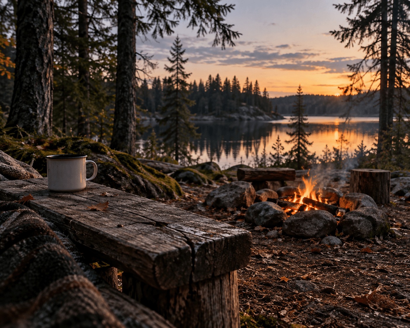 Woodland campfire beside a quiet lake at dusk