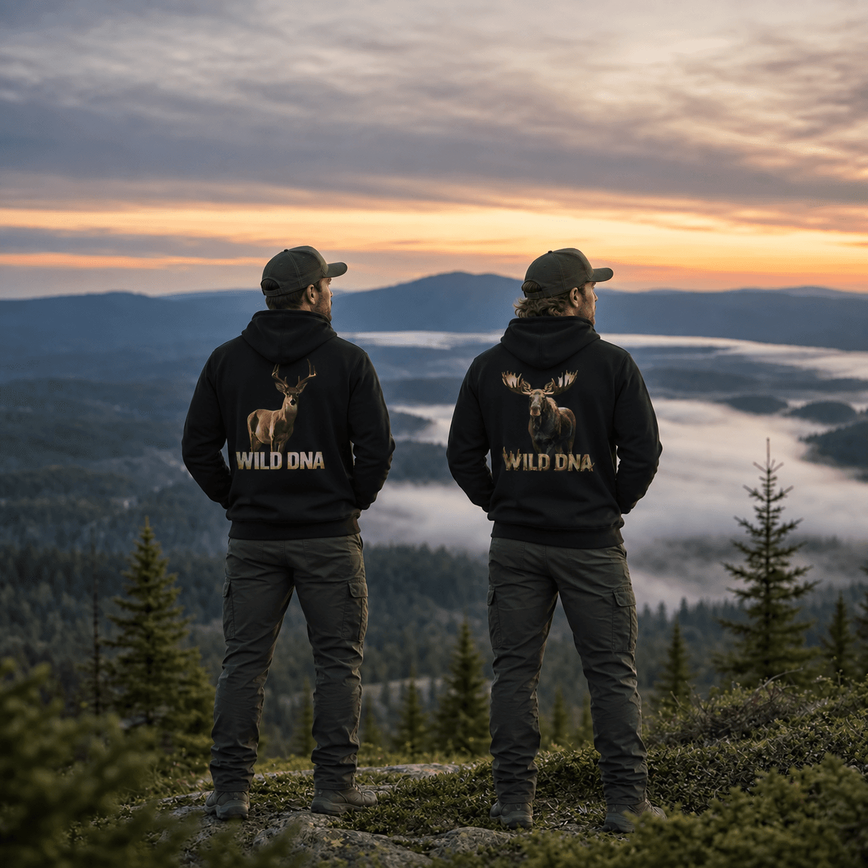 Two outdoorsmen wearing Wild DNA Deer and Moose hoodies on a misty forest ridge
