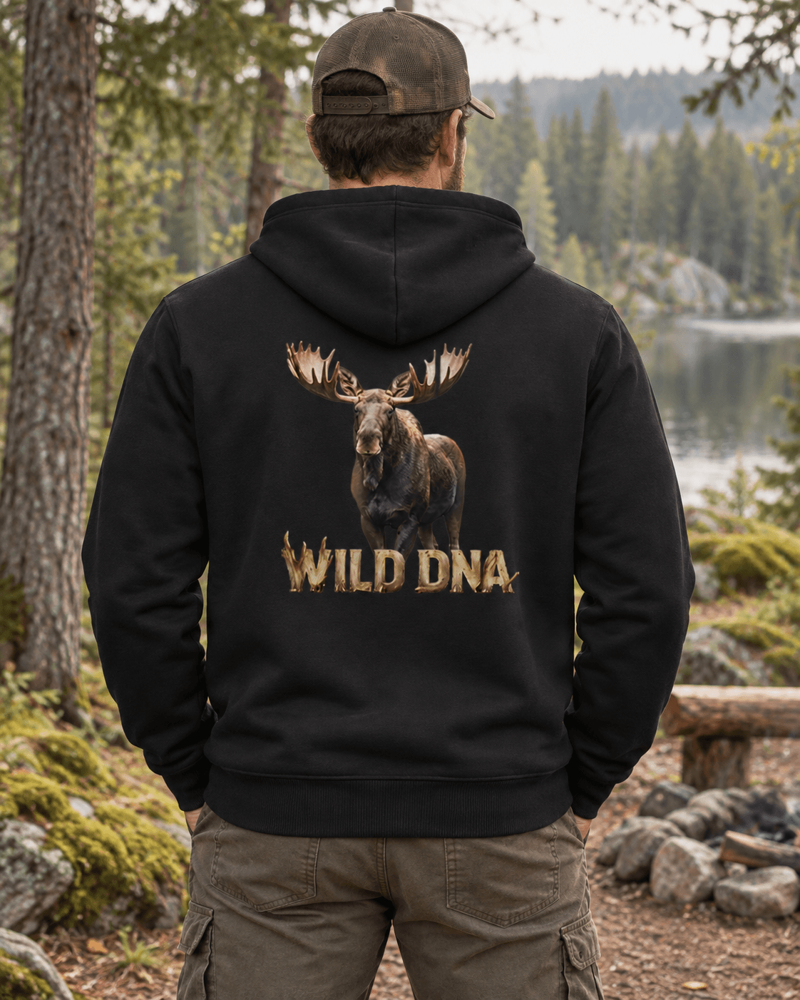 Generated rear view of the current Wild DNA Moose Hoodie, showing the moose artwork on the back