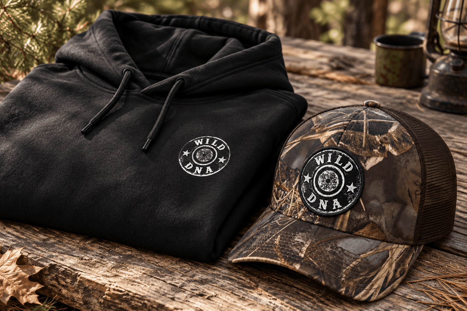 Generated close-up of the Originals hoodie front mark and Camo Max Flexfit mesh-back hat