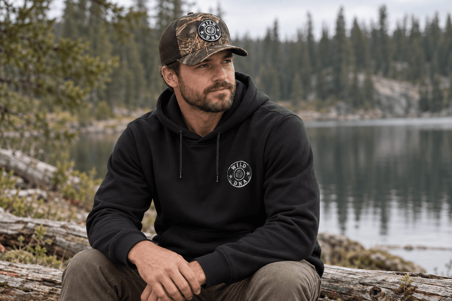 Illustrative campaign photo of an outdoorsman wearing the current Wild DNA Originals hoodie and camo Flexfit hat together beside a forest lake