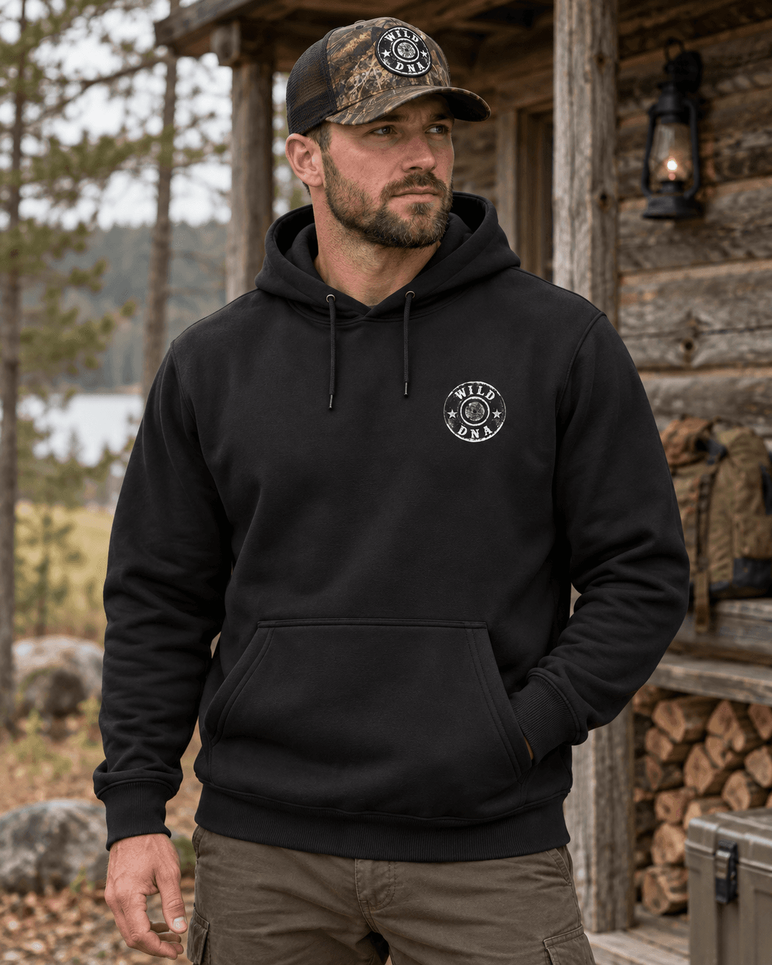 Generated styling image of a black Wild DNA hoodie with the small Originals front mark and a Camo Max Flexfit hat