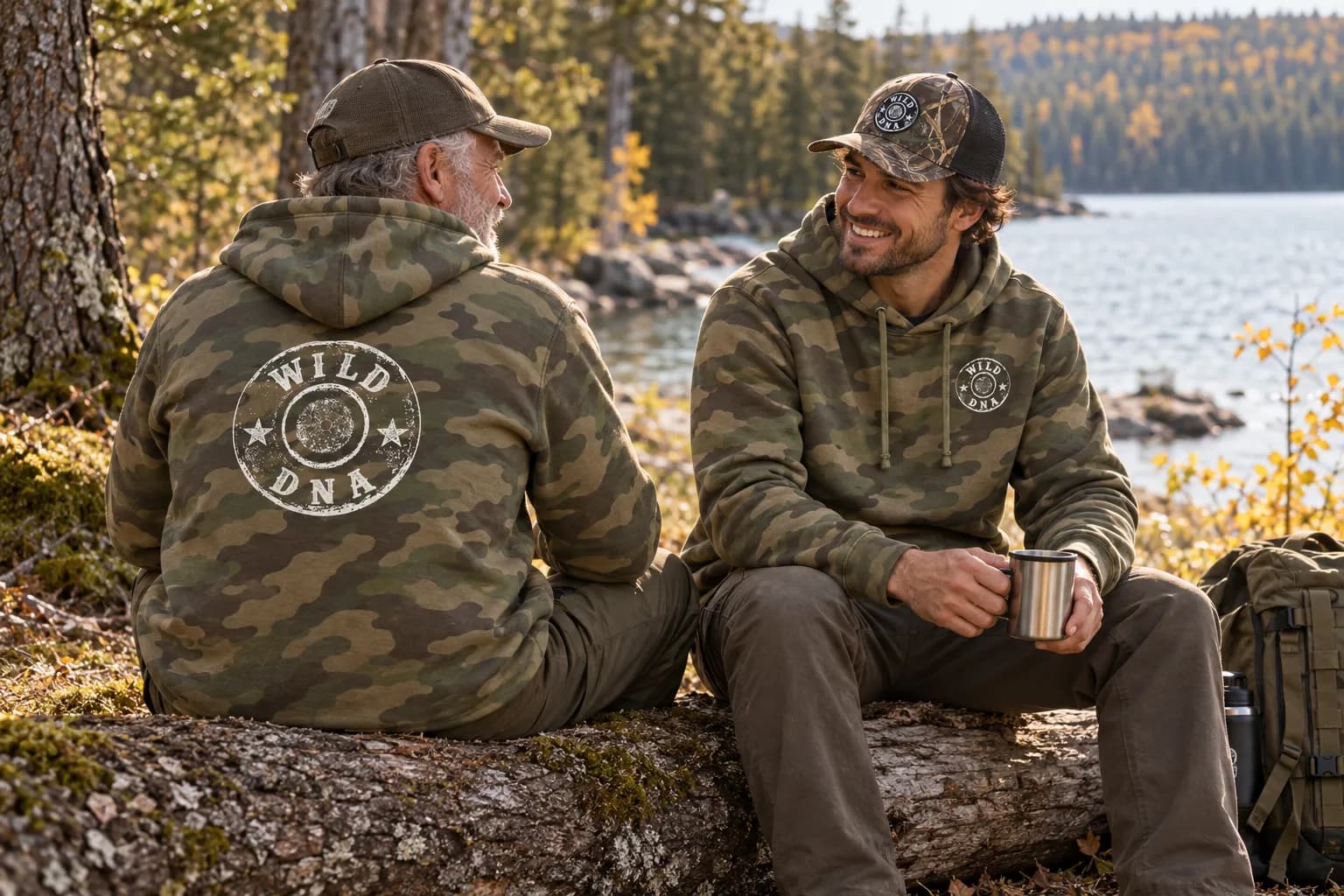 Illustrative campaign scene of two generations wearing current Wild DNA Forest Camo Originals hoodies beside a lake, showing the back artwork and small chest mark