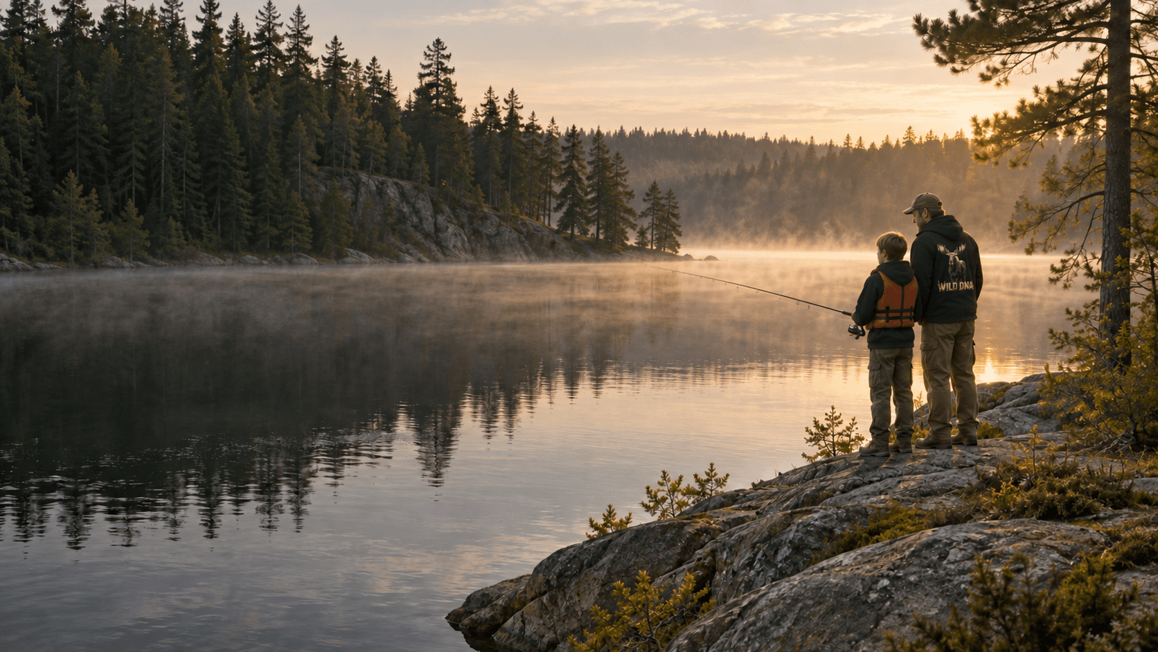 Illustrative scene of a father in a Wild DNA Moose hoodie teaching his son to fish, with the son’s black hoodie beneath a life jacket